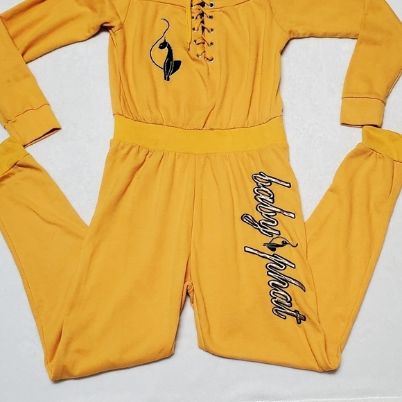 VINTAGE 90s-Y2K Baby Phat Mustard Yellow Gold Spell Out Off-Shoulder Jumpsuit M - Picture 9 of 16